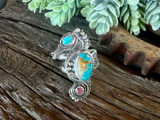 Turquoise Tide-Pool Cowgirl Ring - Seahorse Ring With Turquoise And Tourmaline