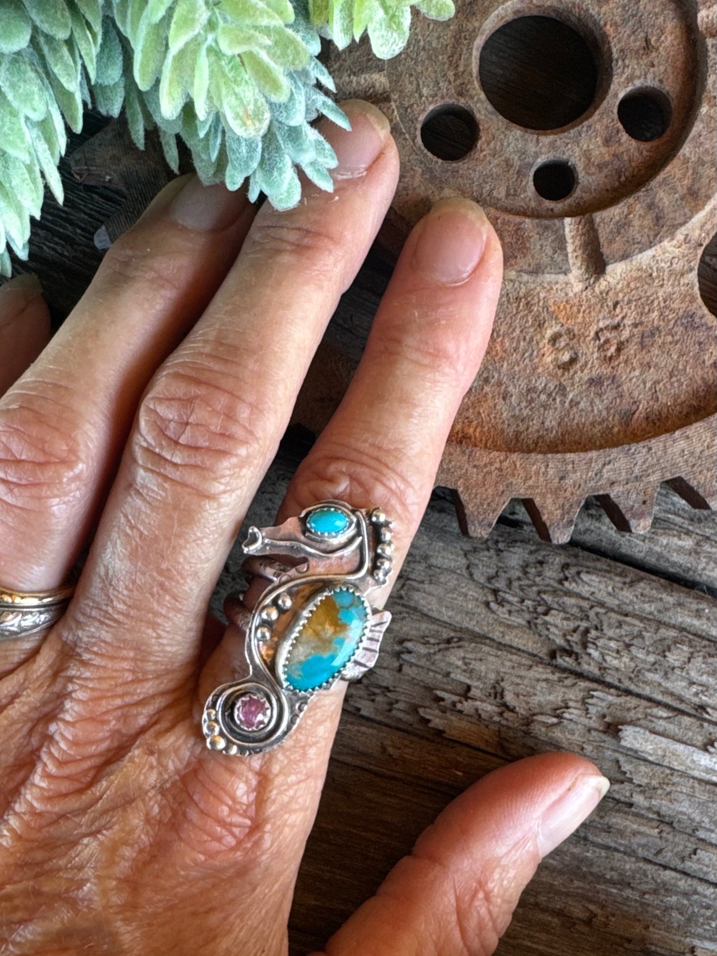 Turquoise Tide-Pool Cowgirl Ring - Seahorse Ring With Turquoise And Tourmaline