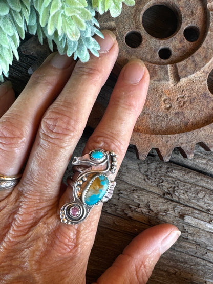 Turquoise Tide-Pool Cowgirl Ring - Seahorse Ring With Turquoise And Tourmaline