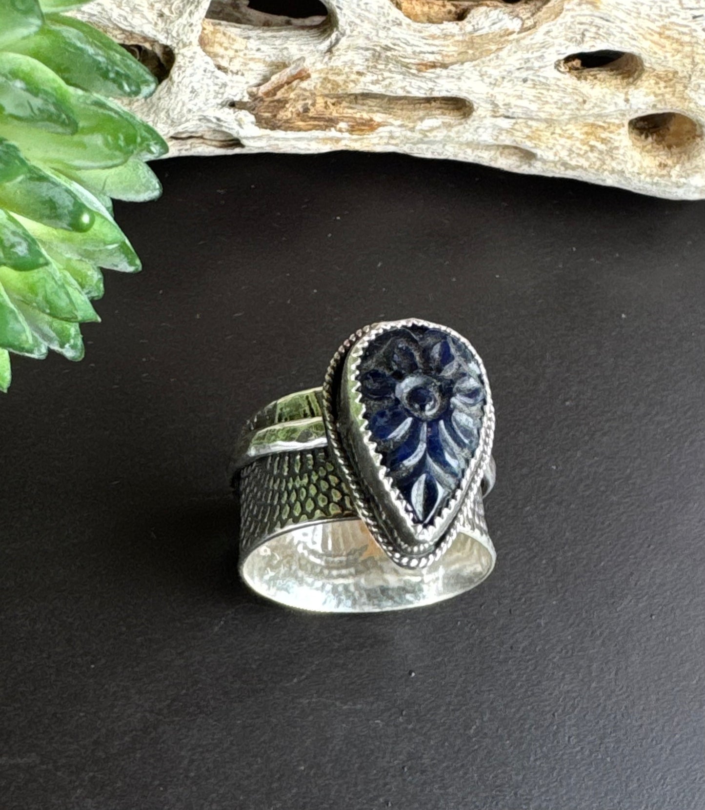 Sapphire Rose Spinner Ring - Blue Hand Carved Sapphire And Recycled Sterling Silver.