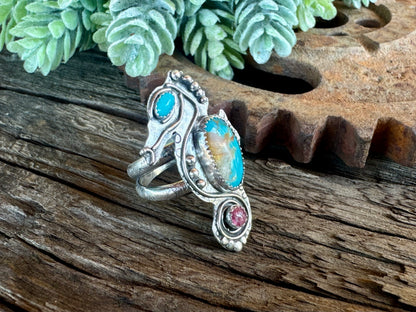 Turquoise Tide-Pool Cowgirl Ring - Seahorse Ring With Turquoise And Tourmaline