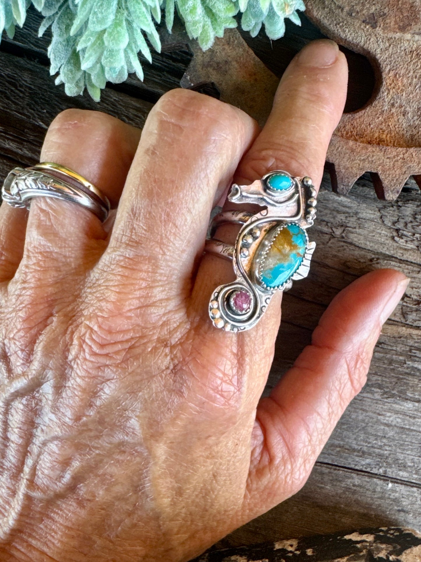 Turquoise Tide-Pool Cowgirl Ring - Seahorse Ring With Turquoise And Tourmaline