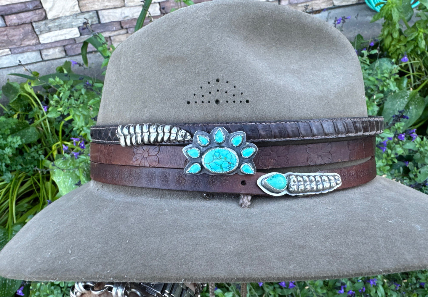 Sterling Silver And Kingman Turquoise Rattlesnake Hat Band On Stamped Leather