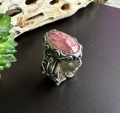 Rhodochrosite Everly Ring - Recycled And Reticulated Sterling Silver Hand forged Ring