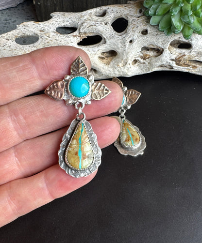 Royston Ribbon Turquoise Autumn Earrings Mixed Metal - Sterling Silver & 14k Gold- Filled.