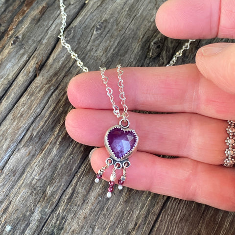 Sacred Heart Necklace - Pink Sapphire, Garnets And Sterling Silver