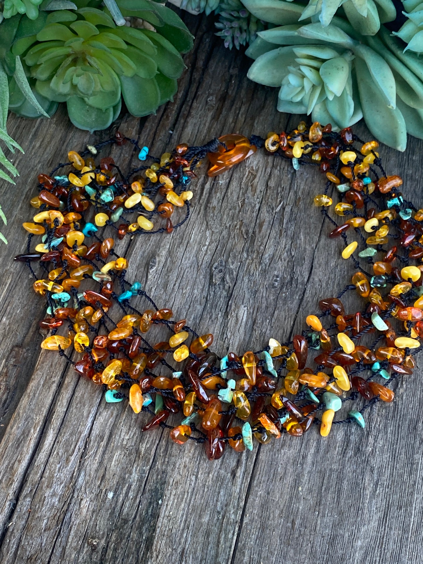 Delightful Necklace - Turquoise, Amber And Citrine Floating Gemstone Necklace -  9 Strand