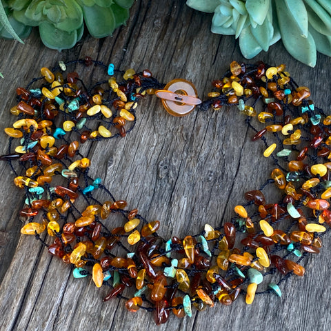 Delightful Necklace - Turquoise, Amber And Citrine Floating Gemstone Necklace -  9 Strand