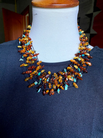 Delightful Necklace - Turquoise, Amber And Citrine Floating Gemstone Necklace -  9 Strand