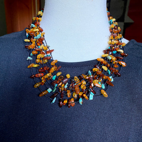 Delightful Necklace - Turquoise, Amber And Citrine Floating Gemstone Necklace -  9 Strand