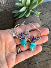 Load image into Gallery viewer, Turquoise, Amethyst And Sterling Pinnacle Hoop Earrings
