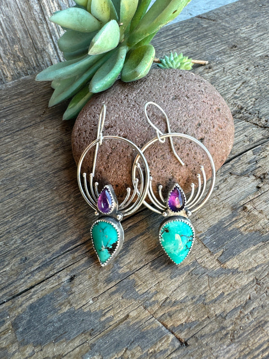 Turquoise, Amethyst And Sterling Pinnacle Hoop Earrings