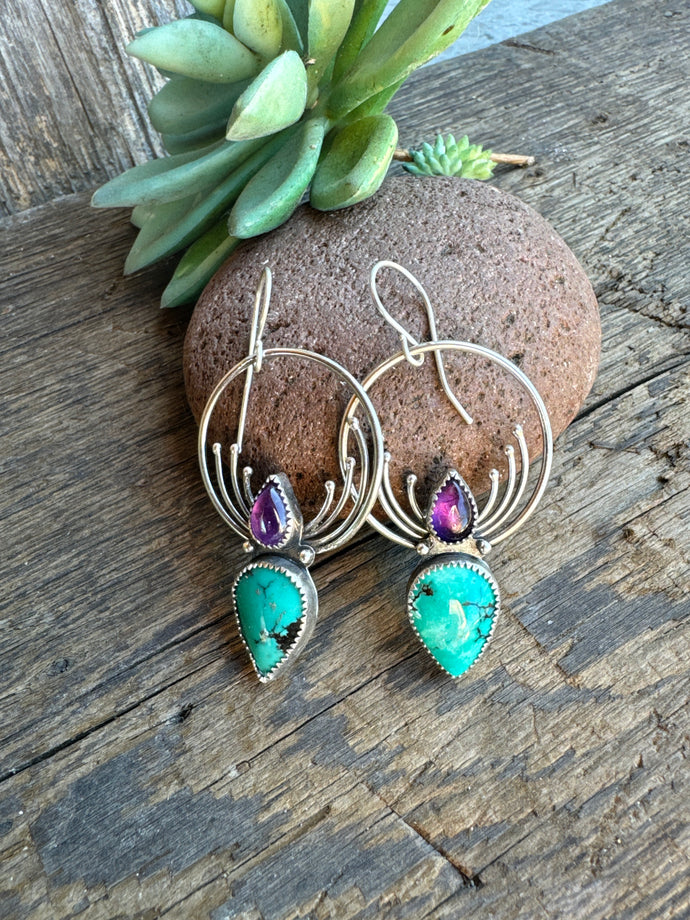Turquoise, Amethyst And Sterling Pinnacle Hoop Earrings