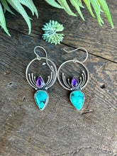 Load image into Gallery viewer, Turquoise, Amethyst And Sterling Pinnacle Hoop Earrings
