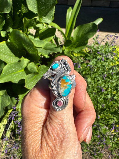 Turquoise Tide-Pool Cowgirl Ring - Seahorse Ring With Turquoise And Tourmaline