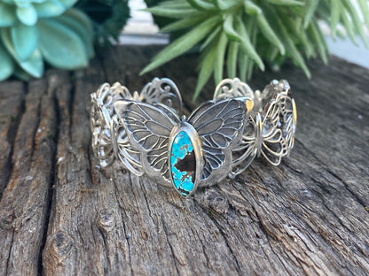 Sterling Silver Butterfly With Kingman Turquoise Cuff Bracelet
