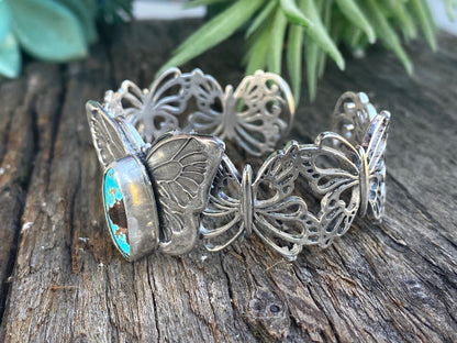 Sterling Silver Butterfly With Kingman Turquoise Cuff Bracelet