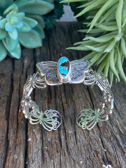 Sterling Silver Butterfly With Kingman Turquoise Cuff Bracelet