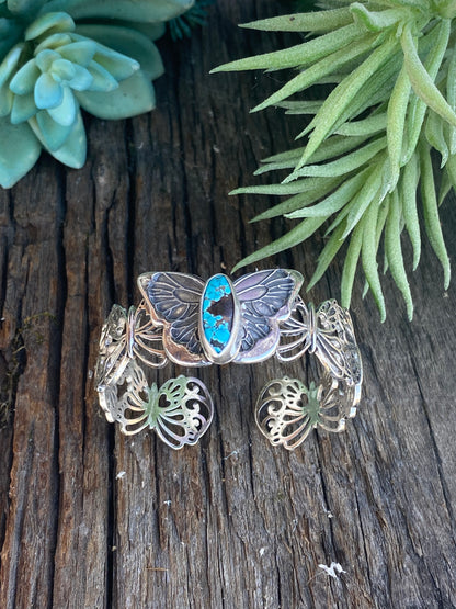 Sterling Silver Butterfly With Kingman Turquoise Cuff Bracelet