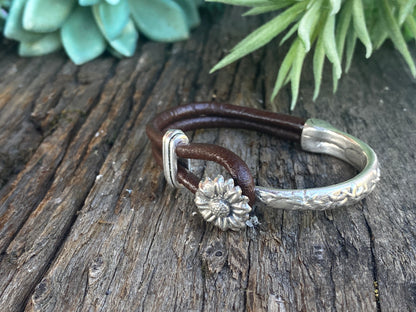 Sterling Silver Sunflower 1/2 Cuff Bracelet With Kangaroo Leather.