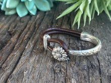 Load image into Gallery viewer, Sterling Silver Sunflower 1/2 Cuff Bracelet With Kangaroo Leather.
