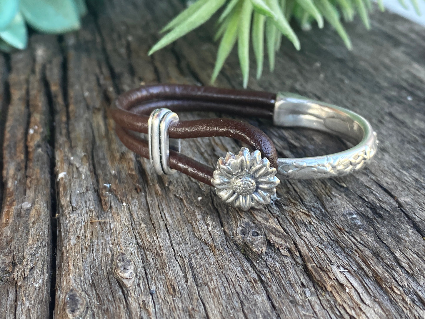 Sterling Silver Sunflower 1/2 Cuff Bracelet With Kangaroo Leather.