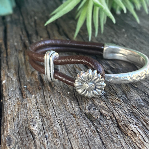 Sterling Silver Sunflower 1/2 Cuff Bracelet With Kangaroo Leather.