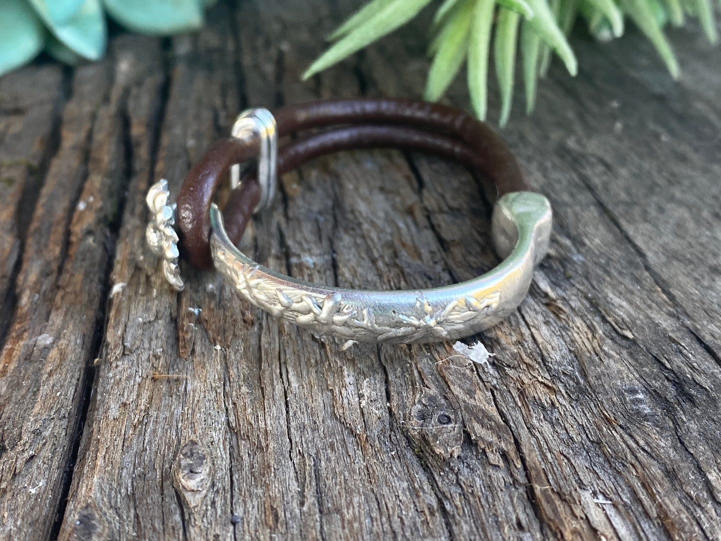 Sterling Silver Sunflower 1/2 Cuff Bracelet With Kangaroo Leather.