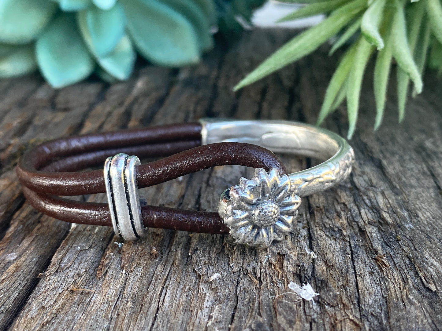 Sterling Silver Sunflower 1/2 Cuff Bracelet With Kangaroo Leather.