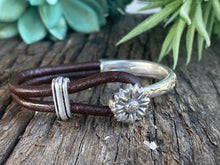 Load image into Gallery viewer, Sterling Silver Sunflower 1/2 Cuff Bracelet With Kangaroo Leather.

