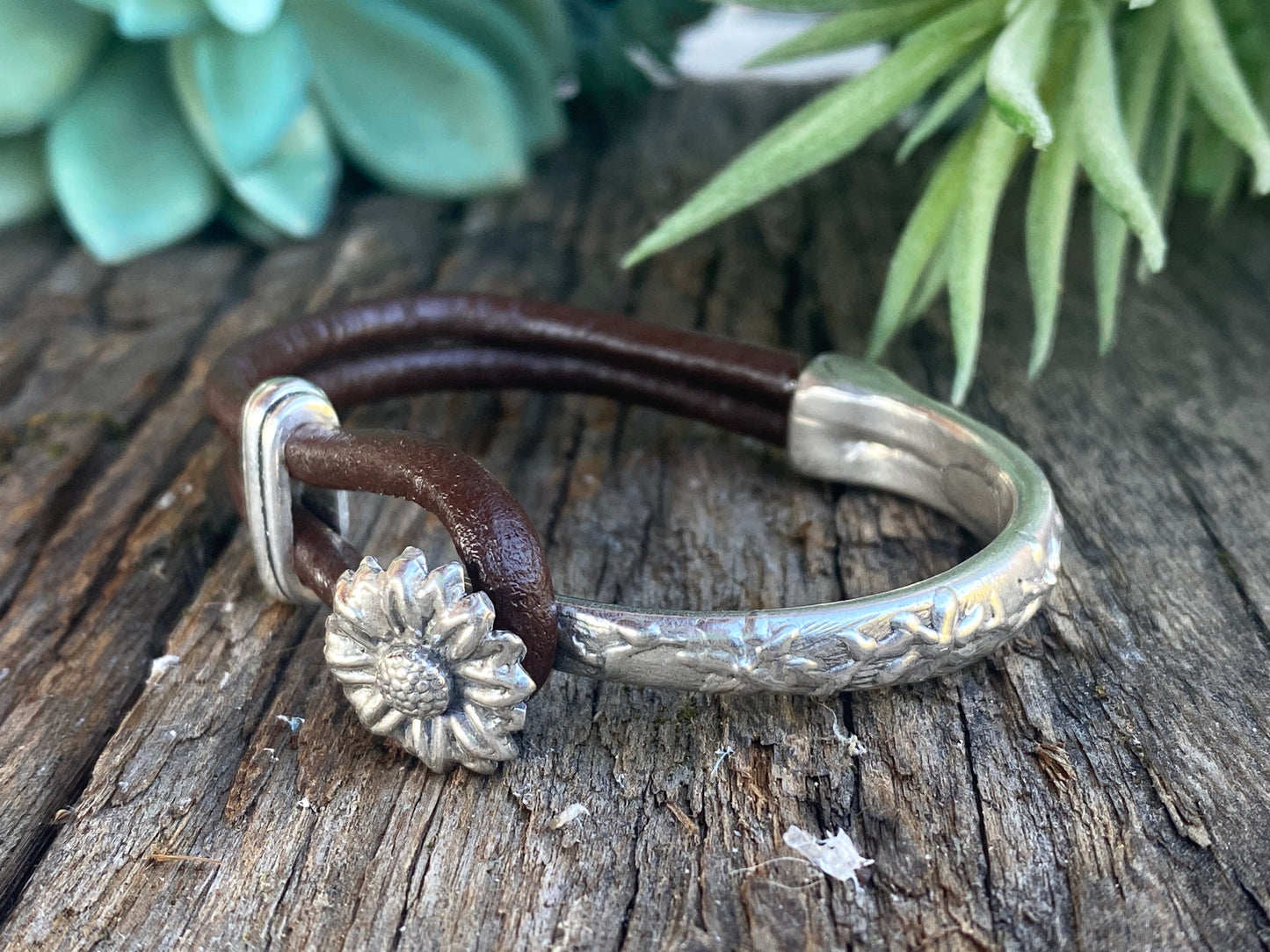 Sterling Silver Sunflower 1/2 Cuff Bracelet With Kangaroo Leather.