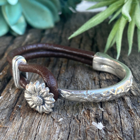 Sterling Silver Sunflower 1/2 Cuff Bracelet With Kangaroo Leather.