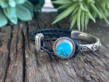 Load image into Gallery viewer, Kingman Turquoise &amp; Sterling Silver 1/2 Cuff Design on Kangaroo Leather.
