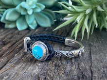 Load image into Gallery viewer, Kingman Turquoise &amp; Sterling Silver 1/2 Cuff Design on Kangaroo Leather.
