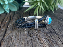 Load image into Gallery viewer, Kingman Turquoise &amp; Sterling Silver 1/2 Cuff Design on Kangaroo Leather.
