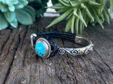 Load image into Gallery viewer, Kingman Turquoise &amp; Sterling Silver 1/2 Cuff Design on Kangaroo Leather.
