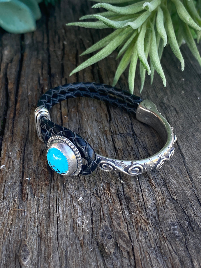Kingman Turquoise & Sterling Silver 1/2 Cuff Design on Kangaroo Leather.
