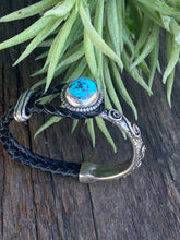 Load image into Gallery viewer, Kingman Turquoise &amp; Sterling Silver 1/2 Cuff Design on Kangaroo Leather.
