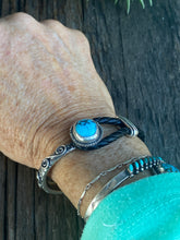 Load image into Gallery viewer, Kingman Turquoise &amp; Sterling Silver 1/2 Cuff Design on Kangaroo Leather.
