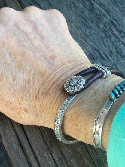Sterling Silver Sunflower 1/2 Cuff Bracelet With Kangaroo Leather.
