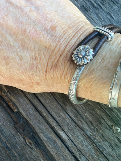 Sterling Silver Sunflower 1/2 Cuff Bracelet With Kangaroo Leather.