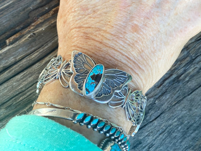 Sterling Silver Butterfly With Kingman Turquoise Cuff Bracelet