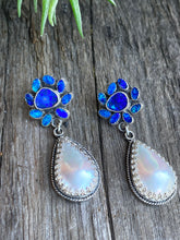 Load image into Gallery viewer, Australian Blue Opal Doublets And Freshwater Pearl Drop Earrings In Sterling Silver
