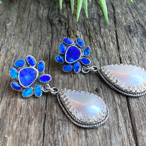 Australian Blue Opal Doublets And Freshwater Pearl Drop Earrings In Sterling Silver