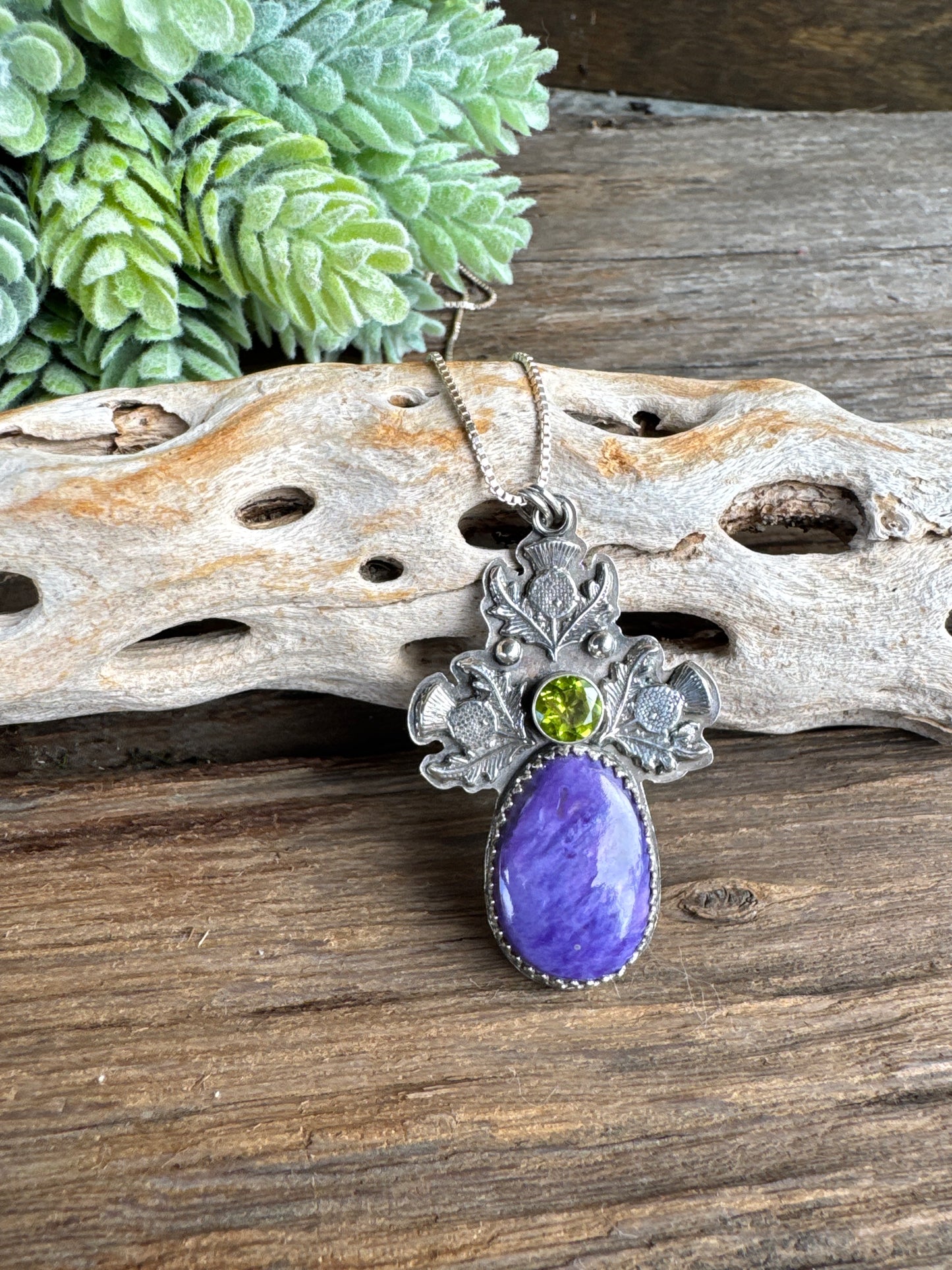 The Scottish Thistle Pendant - Charoite, Peridot And Sterling Silver