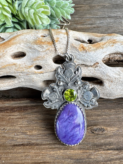 The Scottish Thistle Pendant - Charoite, Peridot And Sterling Silver