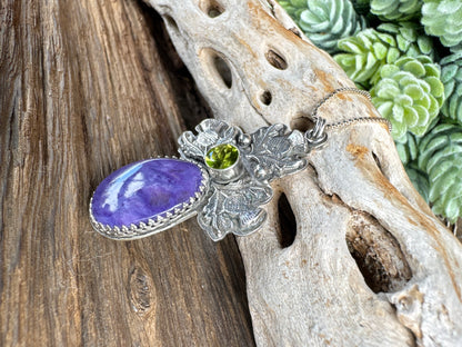 The Scottish Thistle Pendant - Charoite, Peridot And Sterling Silver