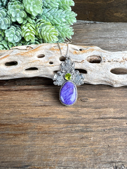 The Scottish Thistle Pendant - Charoite, Peridot And Sterling Silver