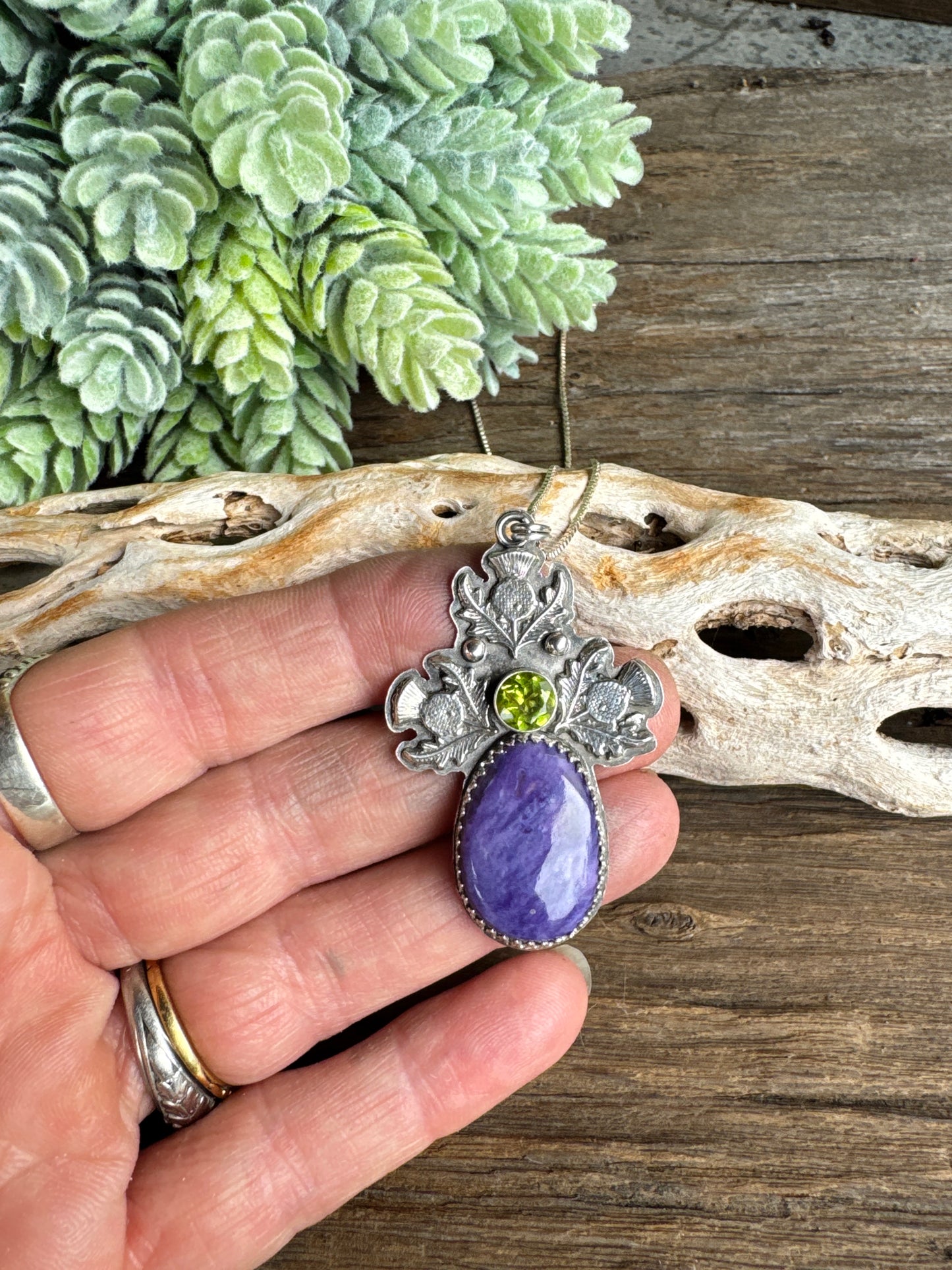 The Scottish Thistle Pendant - Charoite, Peridot And Sterling Silver