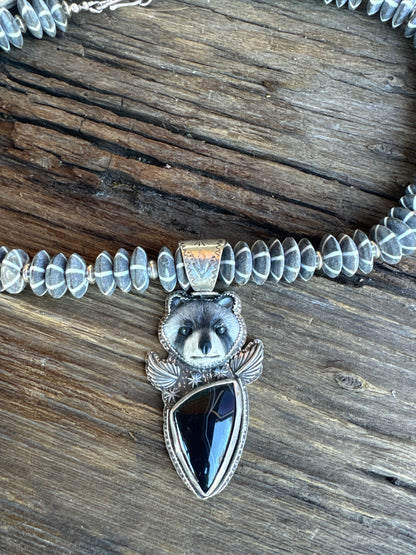 The Night Prowler Necklace- Sterling Silver, Agate, Water Buffalo Bone & Mr. Racoon